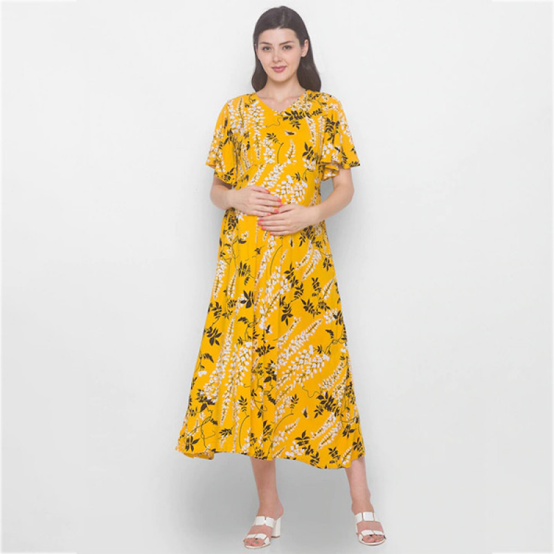 Yellow & Brown Floral Maternity Midi Dress