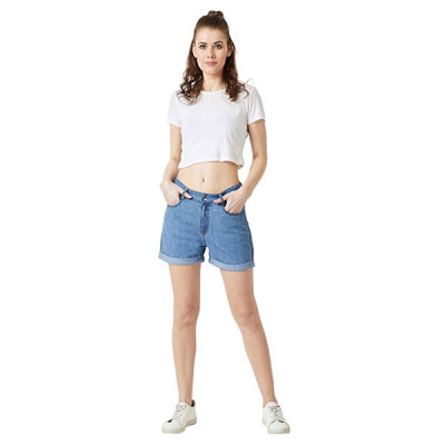 Miss Chase Women's Blue Relaxed Fit Clean Look Regular Length Mid Rise Denim Shorts